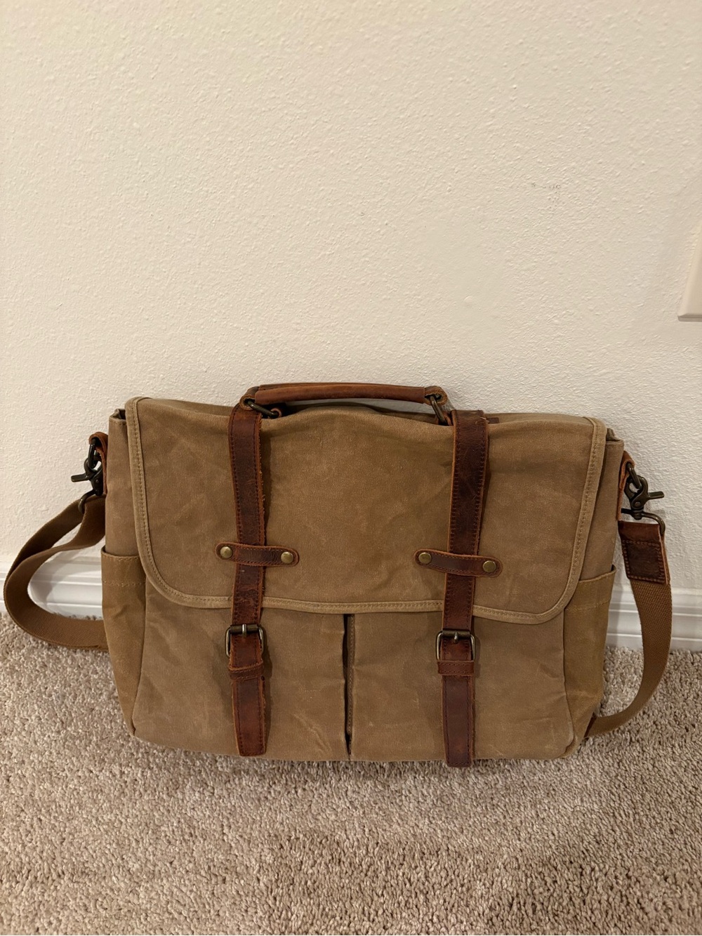 Canvas Messenger Bag with Leather Trim - Tan